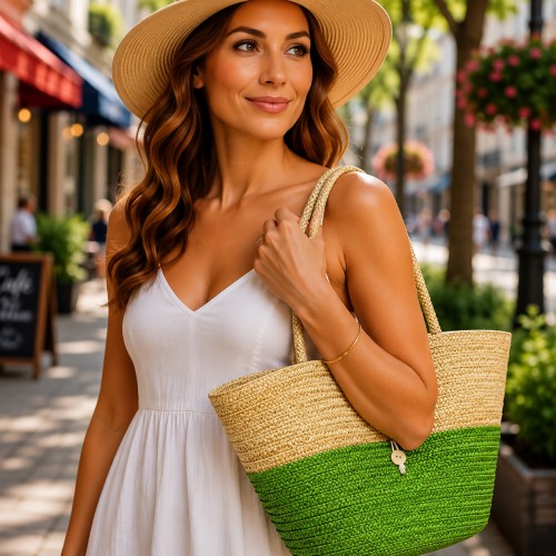 Straw Tote: Woven Wheat Straw Tote - 2 Tones - Lime - BG-R11053LM